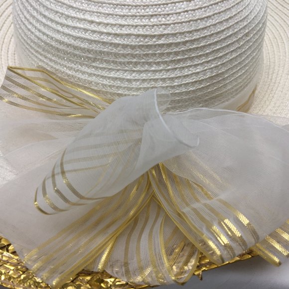 White Adolfo II Straw Sun Hat w Gold & White Accen